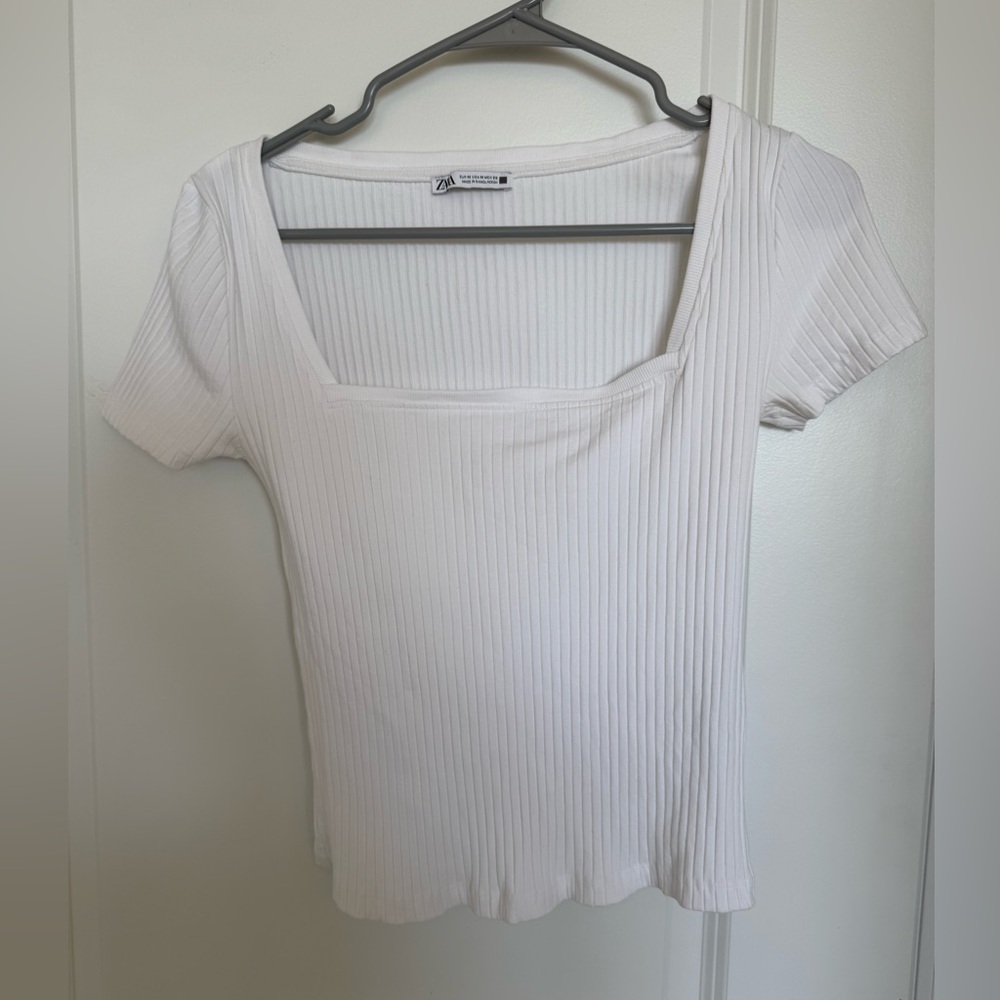 Zara White Ribbed Square Neck Top